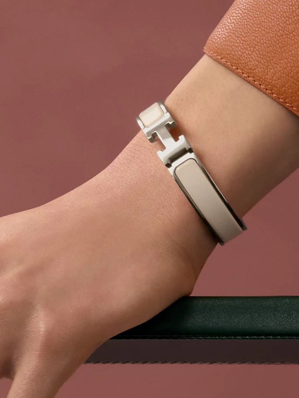 Hermes Silver H Bracelet with Creme Enamel Panels